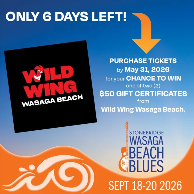 Early Bird Ticket holders have a chance to win one (1) of two $50 gift certificates  generously donated by Wild Wing Wasaga Beach.

Don't miss out. Get your tickets by May 31 2026 for your chance to win!😎🌊

For festival tickets see the link in our bio.

 #helloblueslovers #bluesinthebeach #wildwingwasagabeach