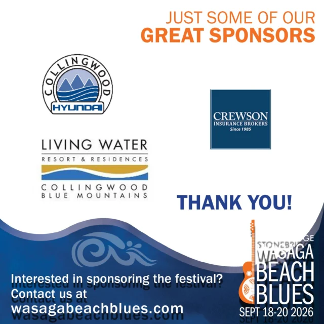 A GREAT festival needs GREAT bands, GREAT fans and GREAT sponsors. Here are a couple of our fabulous sponsors @collingwoodhyundai . Crewson Insurance Brokers  and Living Water Resort & Spa. THANK YOU!  We couldn't do it without you getting the word out and supporting this event.😎🌊

If you're interested in becoming a sponsor see the link in our bio.

#collingwoodhyundai #crewsoninsurance #livingwaterresort 
#stonebridgewasagabeachblues #bluesinthebeach #greatsponsor