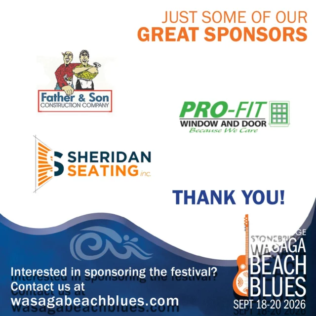A GREAT festival needs GREAT bands, GREAT fans and GREAT sponsors. Here are a couple of our fabulous sponsors  Father & Son Construction Company Wasaga Beach, Pro-Fit Window & Door  and Sheridan Seating Inc.. THANK YOU!  We couldn't do it without you getting the word out and supporting this event.😎🌊

If you're interested in becoming a sponsor contact us at 
https://wasagabeachblues.com

#sheridanseatinginc #fatherandsonconstruction #profitwindowsanddoors 
#stonebridgewasagabeachblues #bluesinthebeach #greatsponsor