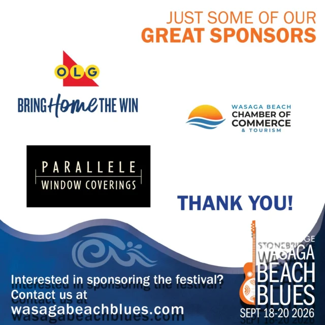 A GREAT festival needs GREAT bands, GREAT fans and GREAT sponsors. Here are a couple of our fabulous sponsors OLG, Wasaga Beach Chamber of Commerce and Parallele Window Coverings . THANK YOU!  We couldn't do it without you getting the word out and supporting this event.😎🌊

If you're interested in becoming a sponsor, see the link in our bio.

#bringhomethewin #wasagabeachbhamberofcommerce #parallelewindowcoverings
#stonebridgewasagabeachblues #bluesinthebeach #greatsponsor
