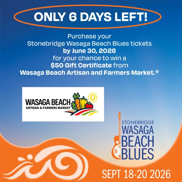 Early Bird Ticket holders have a chance to win a $50 gift certificates  generously donated by Wasaga Beach Artisan & Farmers Market .

Don't miss out. Get your tickets by June 30, 2026 for your chance to win!😎🌊

For tickets and more, see the the link in our bio.

 #helloblueslovers #bluesinthebeach #wasagabeachartisanandfarmersmarket