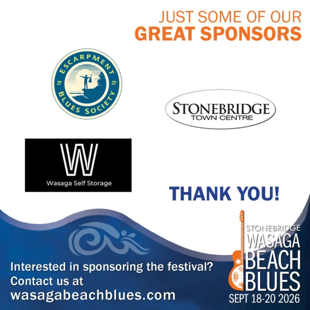 A GREAT festival needs GREAT bands, GREAT fans and GREAT sponsors. Here are a couple of our fabulous sponsors: The Escarpment Blues Society . Stonebridge Town Centre and Wasaga Self Storage.  THANK YOU!  We couldn't do it without you getting the word out and supporting this event.😎🌊

If you're interested in becoming a sponsor, see the link in our bio.

#bringhomethewin #stonebridgewasagabeachblues #bluesinthebeach #greatsponsor #escarpmentbluessociety #stonebridgetowncentre #wasagaselfstorage