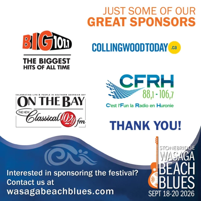 A GREAT festival needs GREAT bands, GREAT fans and GREAT sponsors. Here are a couple of our fabulous mediasponsors:  BIG 101, @collingwoodtoday , On The Bay Magazine and CFRH Radio.  THANK YOU!  We couldn't do it without you getting the word out and supporting this event.😎🌊

If you're interested in becoming a sponsor contact us at 
https://wasagabeachblues.com

#bluesinthebeach #big101barrie #collingwoodtoday #onthebaymagazine #cfrhradio
